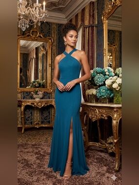 🎀Azazie Teal Cross-Strap Maxi Gown RUE